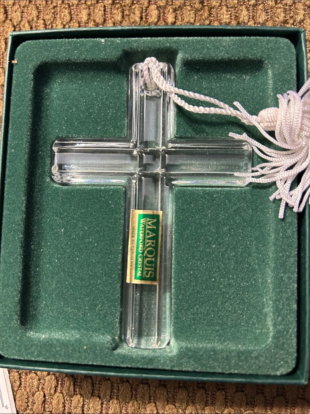 Waterford Crystal Clear Cross Ornament with White Tassel. Made in Germany.